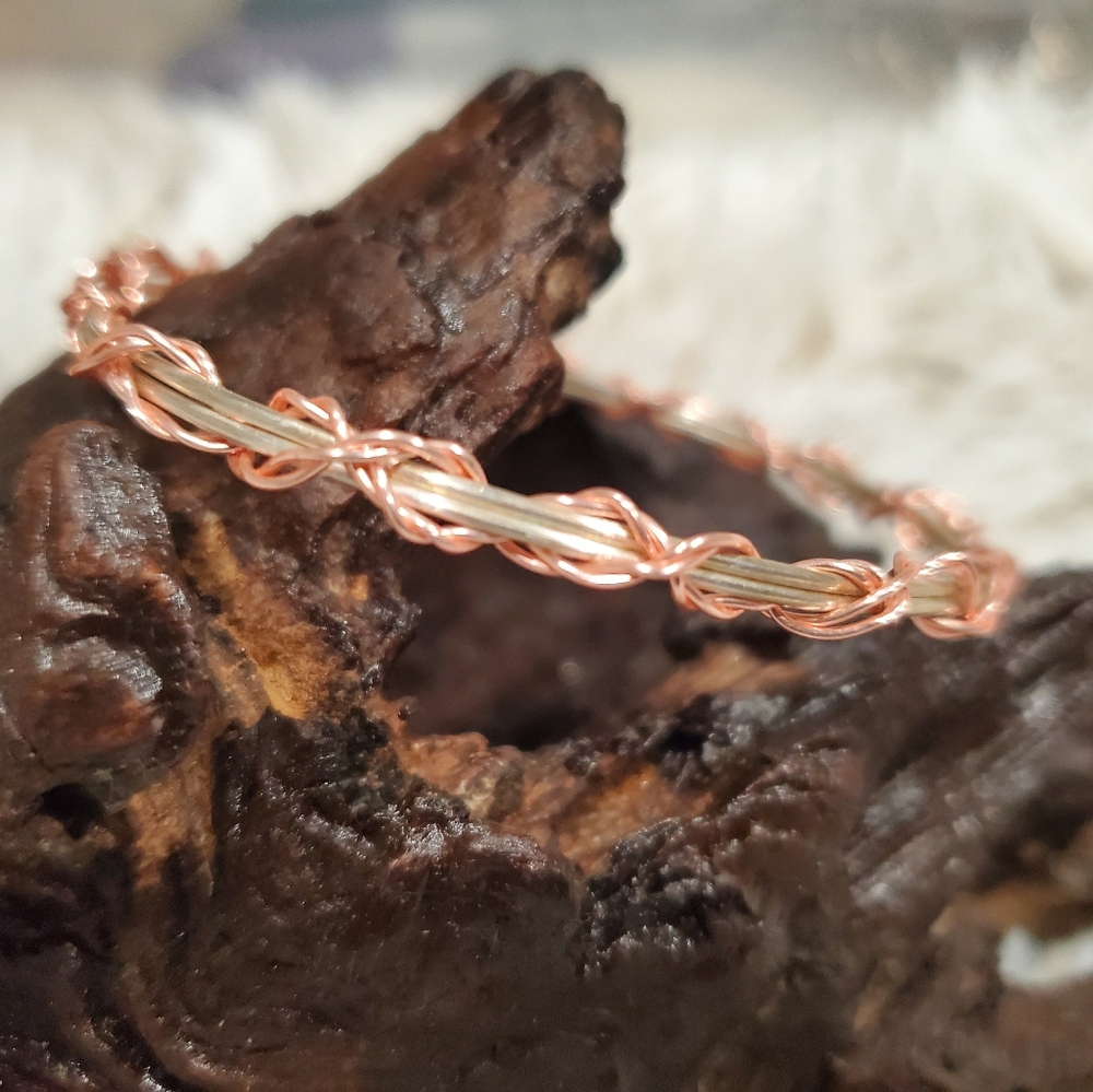 Two-Tone Wirewrapped Bracelet - Pink and Silver Wire Bangle - Stackable Bracelet